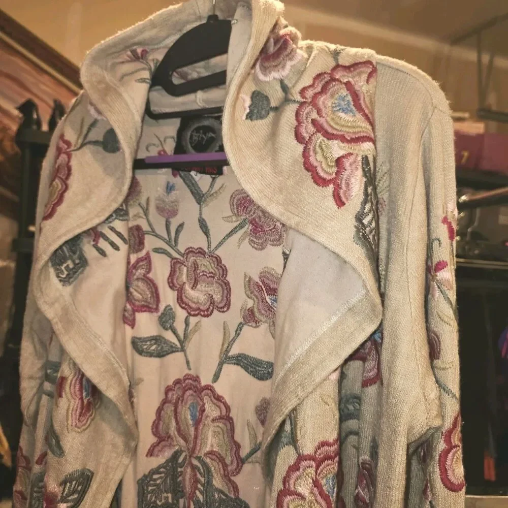 JOHNNY WAS BIYA Sz S Floral Embroidered Open Front Hood Cardigan Duster Sweater